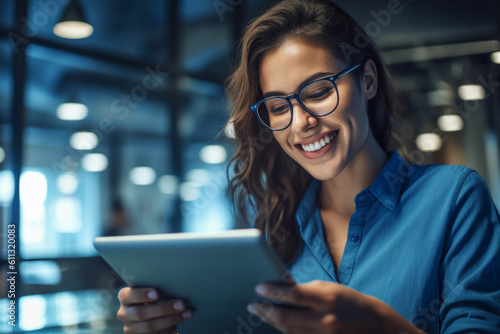 A woman looking at an i pad concentrated over the data and smiling. Image ai generate. Generative AI