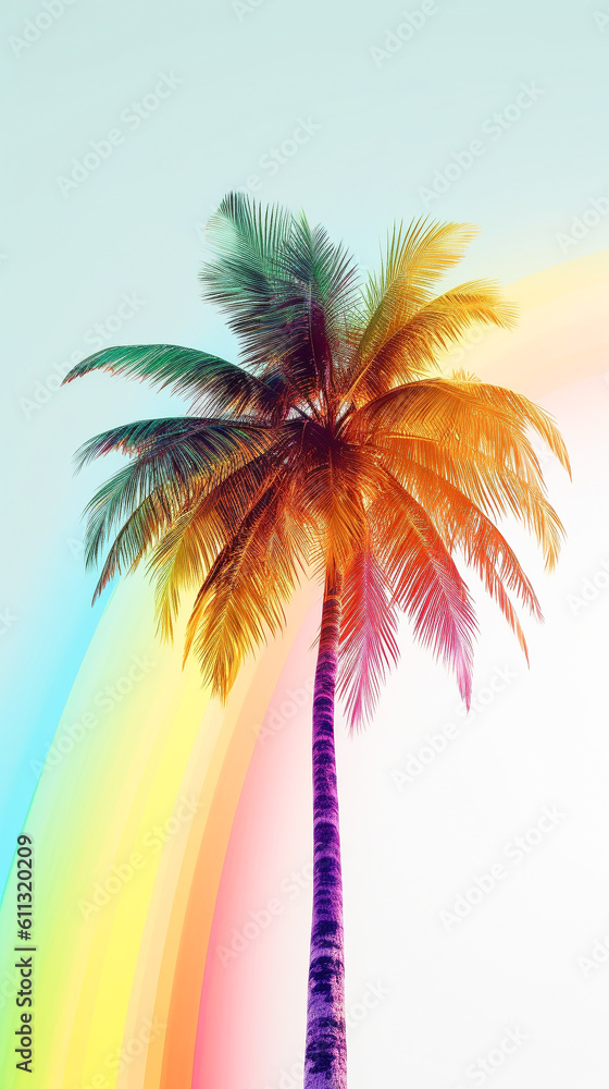 Fototapeta premium Single palm tree on white background with rainbow color splash