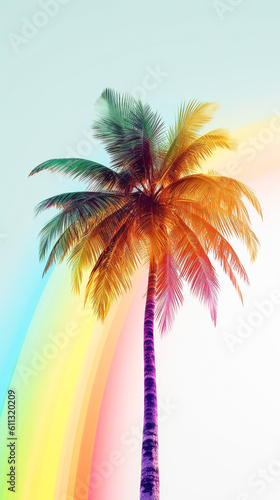 Single palm tree on white background with rainbow color splash