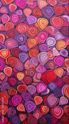 Pattern with hearts, pink purple, orange summer colors, colorful hearts with small swirls in them. Generative Ai