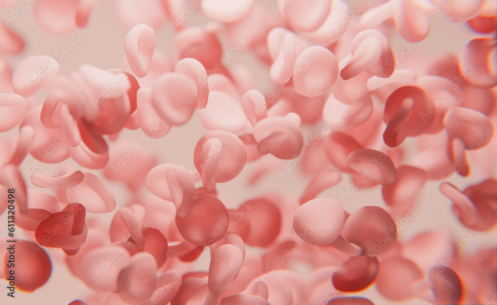 View under microscope, blood, red blood cells in living body, Flowing red blood cells, erythrocyte on white background, health care. 3d rendering.