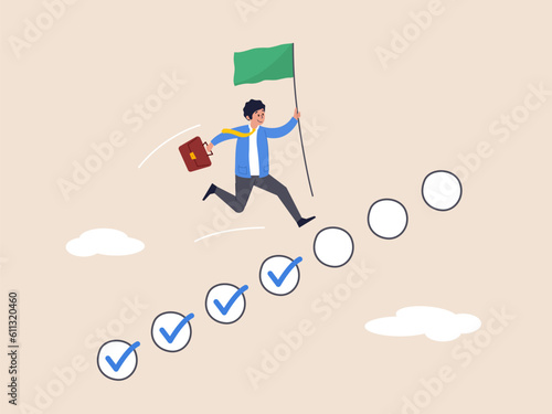 Progression from start to success, challenge to progress and win competition, tasks completion to finish project, development or improvement, businessman step on checklist to target.