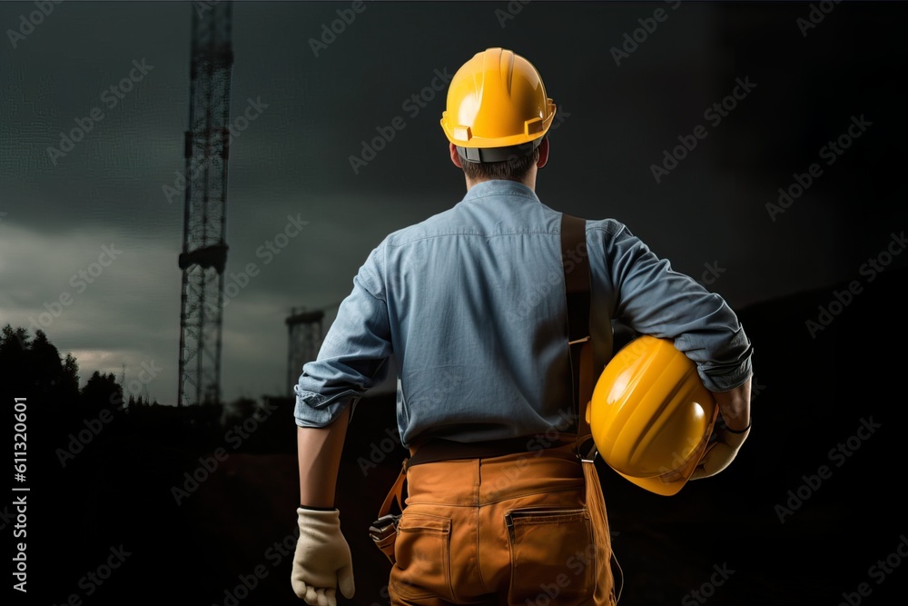 Fotografie construction worker holding a helmet and his back turned