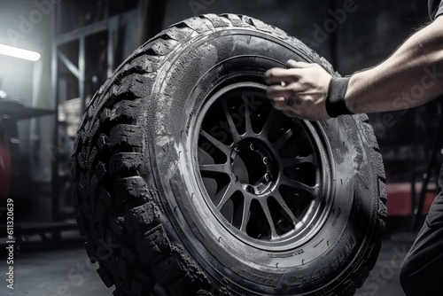 dirt on the wheel. mechanic holding a tire at the repair. Image ai generate. Generative AI