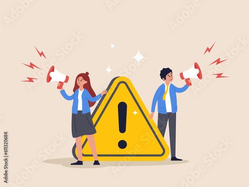 Important announcement concept. Attention or warning information, breaking news or urgent message communication, alert and beware, business people announce on megaphone with attention exclamation sign