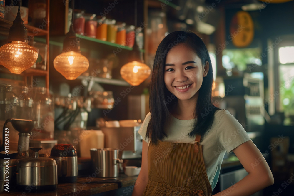 asian barista woman with apron is smiling shyly for photo in manila cafe,. Image ai generate. Generative AI