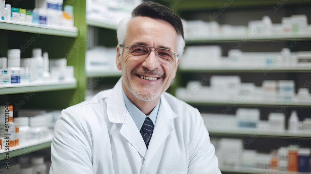 Happy mature pharmacist in a pharmacy. Image ai generate. Generative AI