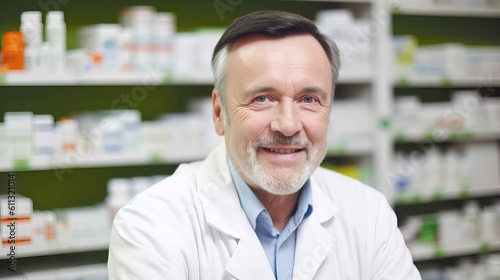Happy mature pharmacist in a pharmacy. Image ai generate. Generative AI © Creative Clicks