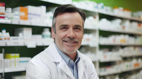 Happy mature pharmacist in a pharmacy. Image ai generate. Generative AI