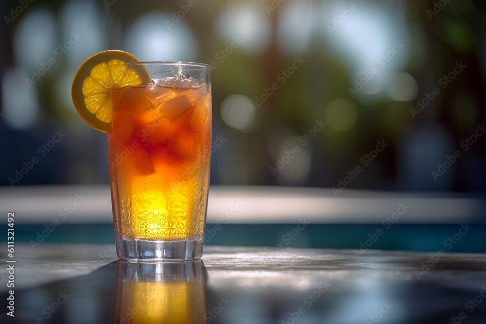 A glass of green summer refreshing lemonade drink or alcoholic cocktail with ice and citrus slices in the garden. Fresh healthy cold orange beverage. Water with lemon. AI generated A glass of green summer refreshing lemonade drink or alcoholic cocktail with ice and citrus slices in the garden. Fresh healthy cold orange beverage. Water with lemon. AI generated