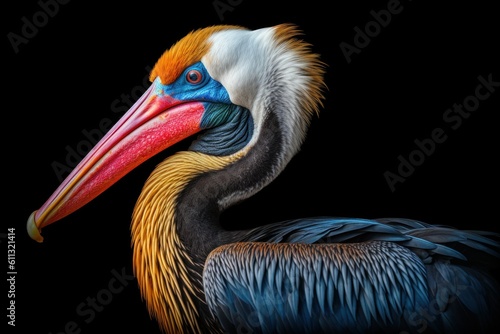 Pelican in profile on a black background space for text copy space generative ai