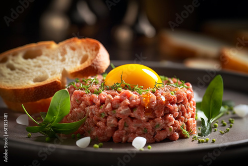Beef tartar with lemon and herbs, greenery and spices, served on restaurant table. French cuisine, classic beef steak tartare, ingredients: raw beef meat, salt, pepper, egg, garlic. AI generated