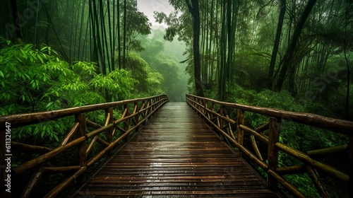 Route through the bamboo forest in the rain  Generative AI