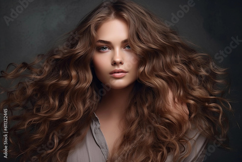 Beautiful model girl with long wavy and shiny hair. Brunette woman with curly hairstyle. Generative AI