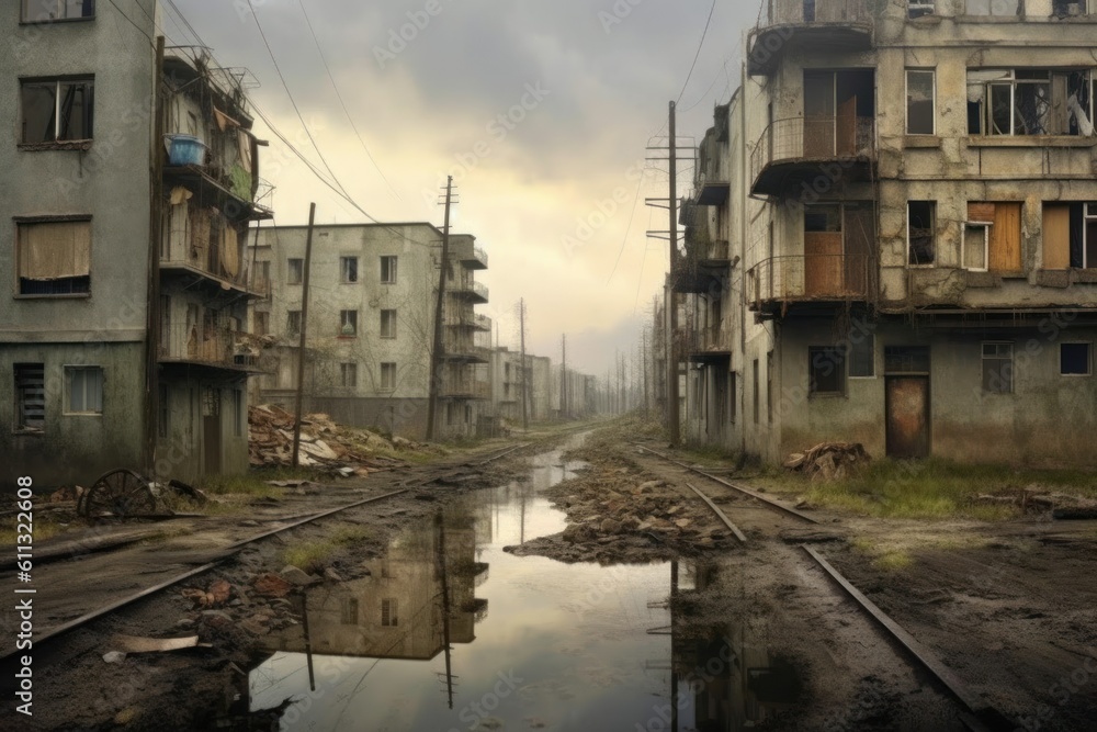 horizontal photo city earthquake post-apocalyptic city after destruction generative ai