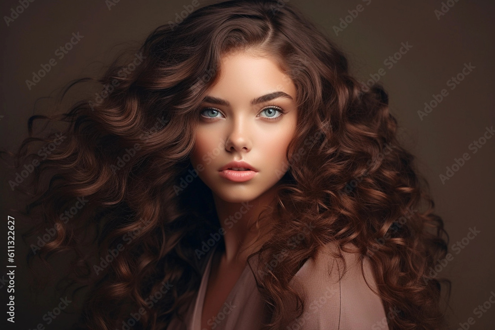 Beautiful model girl with long wavy and shiny hair. Brunette woman with curly hairstyle. Generative AI Beautiful model girl with long wavy and shiny hair. Brunette woman with curly hairstyle. Generative AI
