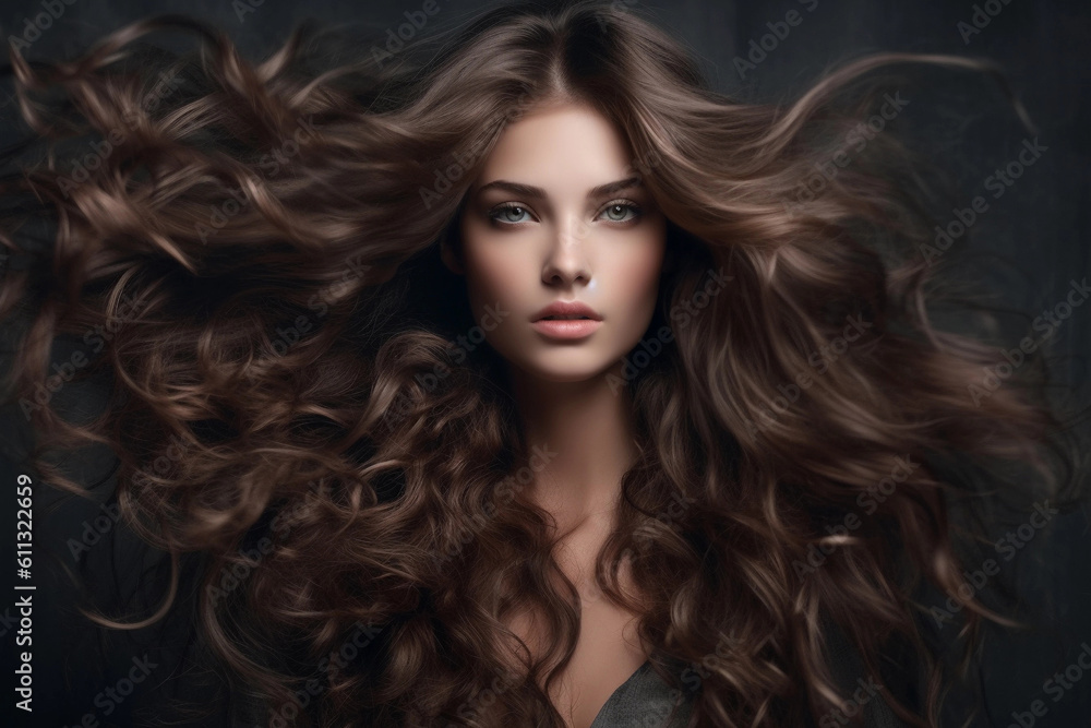 Beautiful model girl with long wavy and shiny hair. Brunette woman with curly hairstyle. Generative AI Beautiful model girl with long wavy and shiny hair. Brunette woman with curly hairstyle. Generative AI