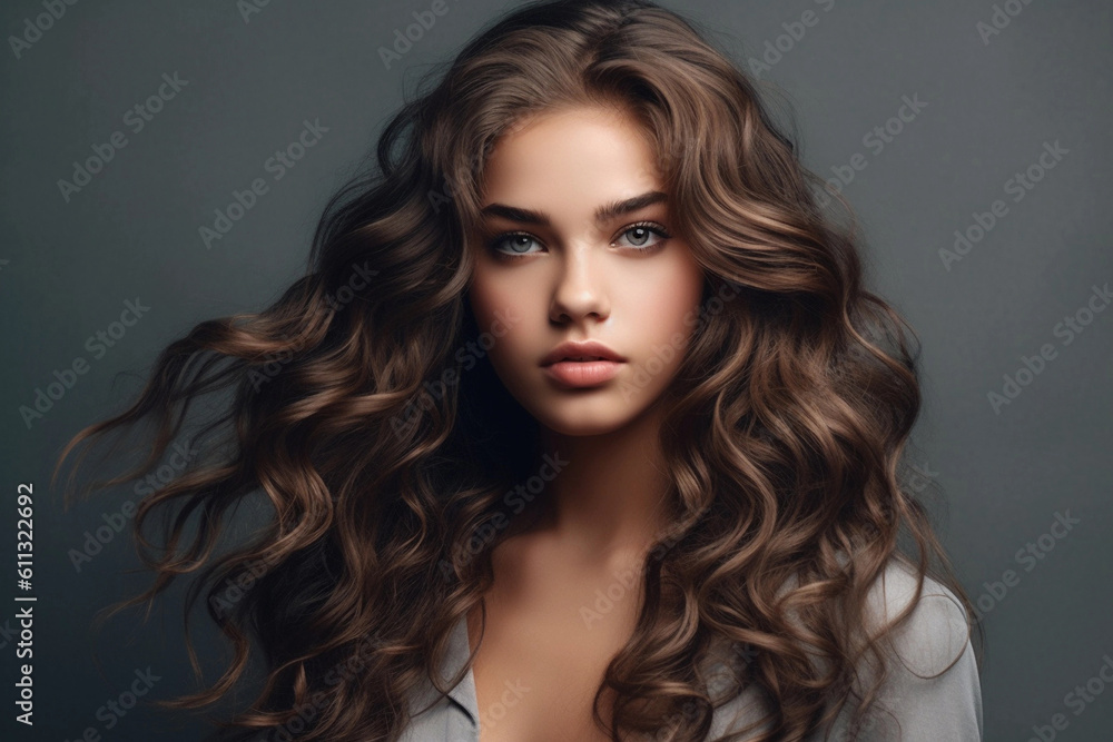 Beautiful model girl with long wavy and shiny hair. Brunette woman with curly hairstyle. Generative AI Beautiful model girl with long wavy and shiny hair. Brunette woman with curly hairstyle. Generative AI