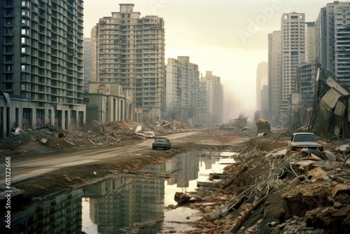 horizontal photo city earthquake post-apocalyptic city after destruction generative ai