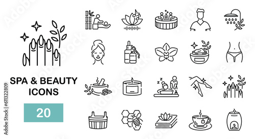 Spa and beauty line icons. Salon treatment, massage therapy outline icons set. Vector illustration