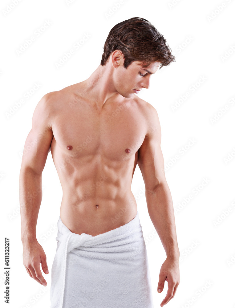 Body, towel and hygiene with man for chest in png with transparent isolated background with skin. Clean, stomach and male model at spa with clean after shower for wellness or grooming or muscular.