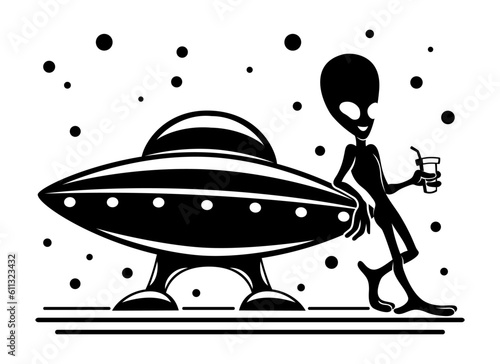 Extraterrestrial alien stands with a glass in his hand on a white background.
