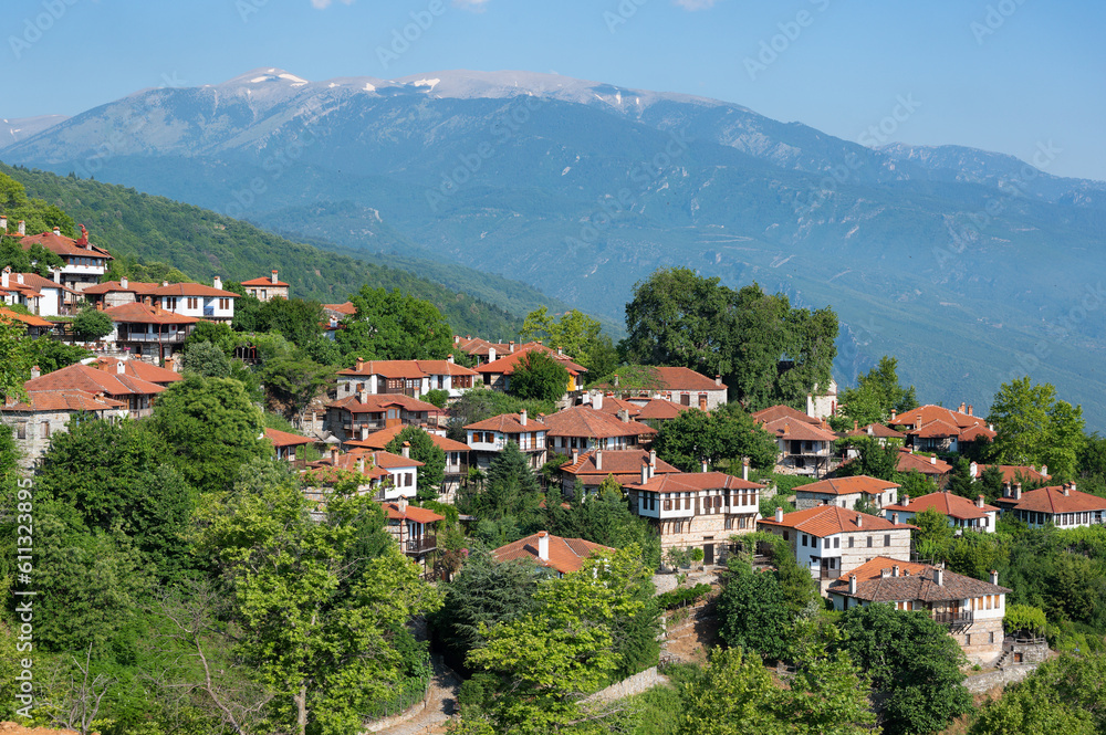 Springtime landscape showing the stone houses of traditional architecture in the village of Palaios Panteleiomonas in northern Greece
