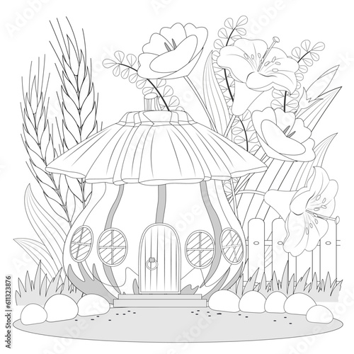 Cartoon fairytale pumpkin house, fence, flowers, leaves, wheat ears. Coloring book page for adults. Vector illusrtation