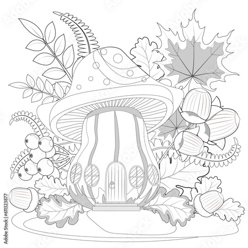 Cartoon fairytale mushroom house, maple and oak leaves, nuts, acorns, berries. Coloring book page for adults. Vector illusrtation
