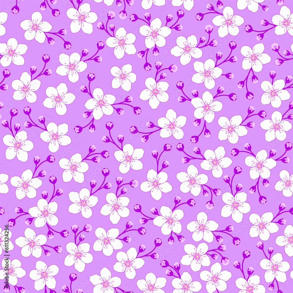 Cherry Blossom Floral Print. White purple Sakura Flowers seamless pattern. Lilac Jasmine floral pattern. good for fabric, kimono, summer spring dress, fashion design, wallpaper, backdrop, textile.