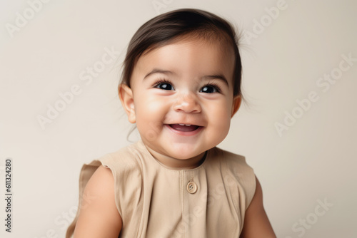 Close-up portrait of a smiling Mexican toddler girl in front of a white background with copy space. Advertising template for children's products. Photorealistic illustration generative AI.
