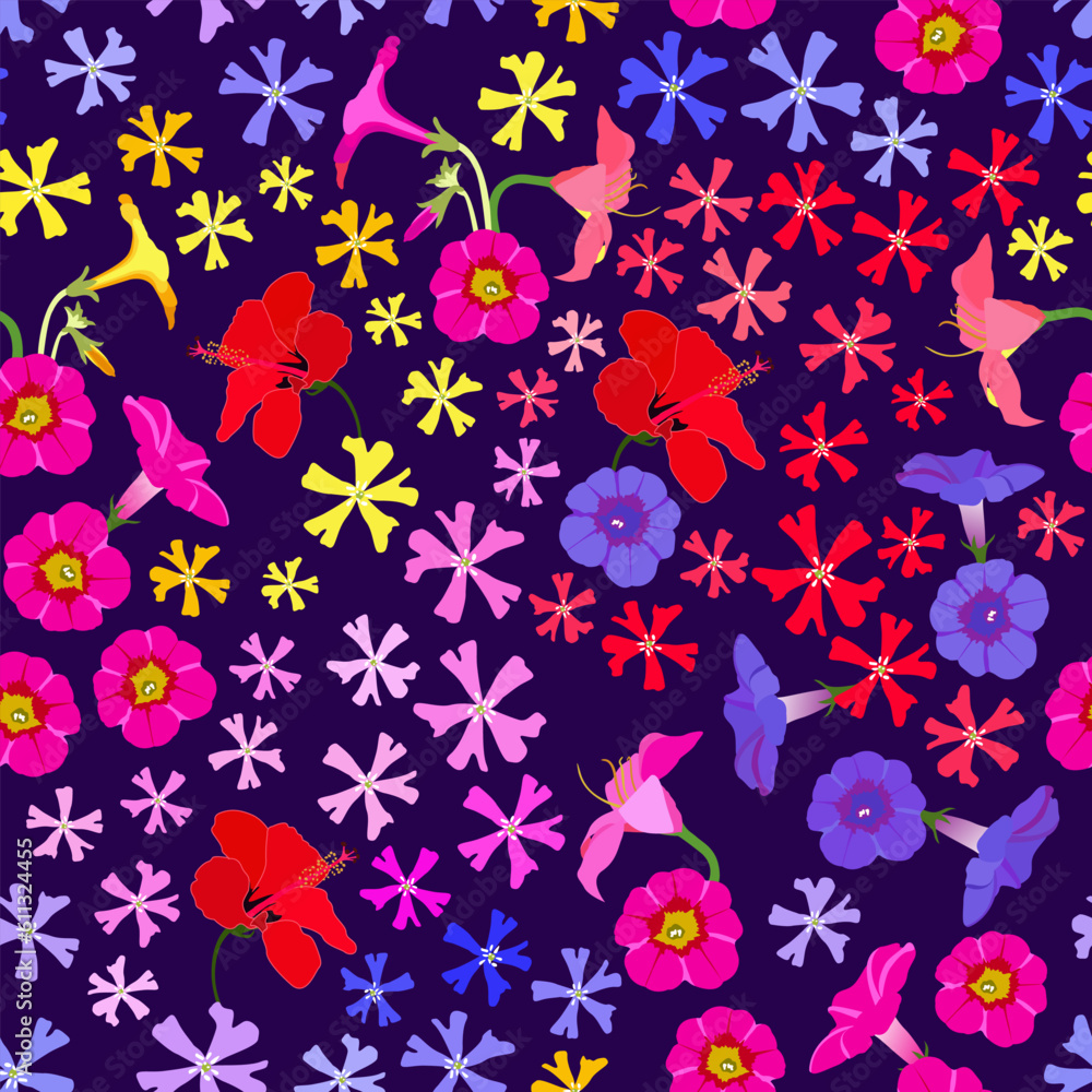 tropical floral print. exotic flowers seamless pattern. red hibiscus, pink yellow purple petunia floral garden. good for fabric, fashion design, wallpaper, summer dress, textile, background, pajama. tropical floral print. exotic flowers seamless pattern. red hibiscus, pink yellow purple petunia floral garden. good for fabric, fashion design, wallpaper, summer dress, textile, background, pajama.