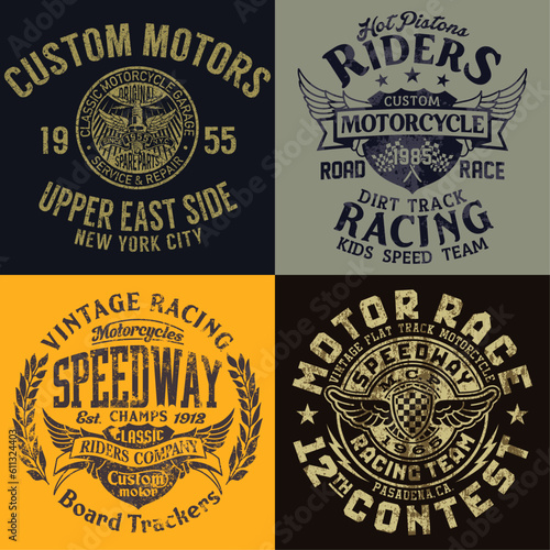 Classic vintage motorcycle racing team vector print collection  for boy t shirt separate grunge effect