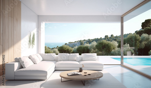 Luxury terrace of seaside resort with white furniture and pool. Travel concept. generative ai