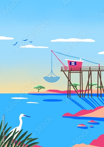 Photography Seascape design, Cabin for fishing illustration, Wooden dock, nature
