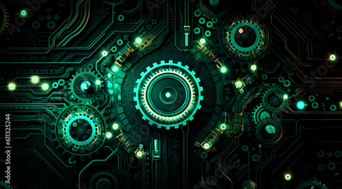 a black background with green cogs and gears. Generative AI.