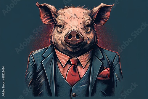 Greedy Pig City Finance Financial Sector Depicting an Evil Banker or Mob Boss works Accounts on a Dark Background Stylised Illustration photo