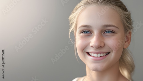 Portrait beautiful white skin young girl with white teeth smile, healthy long hair and beauty skin on grey background. Generative AI