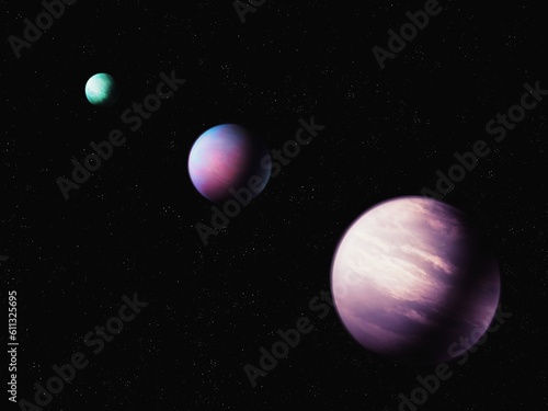 Planet with satellites in space. Exoplanets from a distant star system. Extrasolar Worlds. © Nazarii