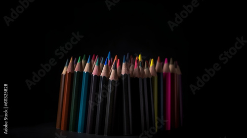 Black color pencils on black paper background. Mock up, copy space. Generative ai.