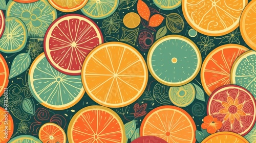 Colorful Citrus Pattern of Fresh Orange and Grapefruit Slices. Ai Generated Art.