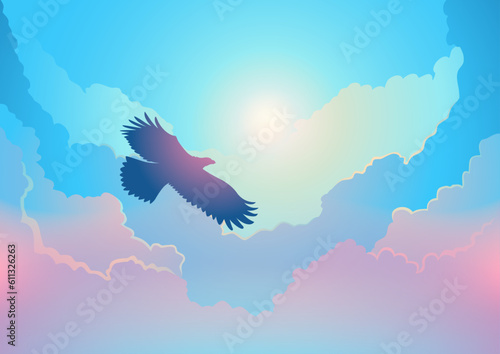 Beautiful silhouette of an eagle flying above the clouds
