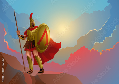 Spartan warrior wearing armour and red cloak on the rock with dramatic cloudscape as the background
