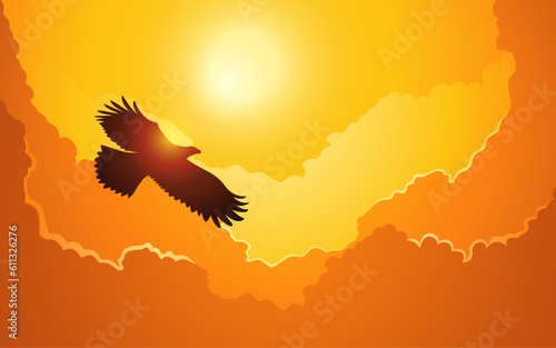 The silhouette of an eagle flying above the clouds, vector illustration