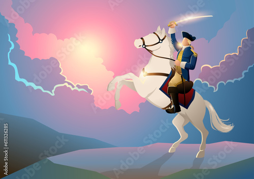 American revolutionary commander figure on horseback on dramatic cloudscape background, vector illustration