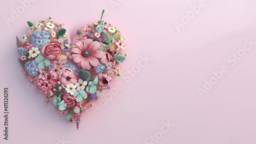 heart made of flowers and plants in pastel colors, creative idea self-care. Generated AI