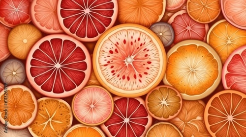 Colorful Citrus Pattern of Fresh Orange and Grapefruit Slices. Ai Generated Art.