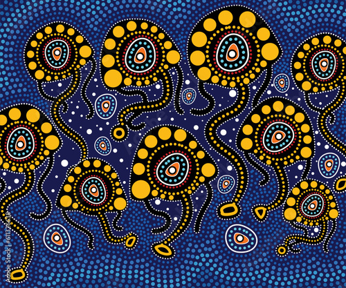 Jellyfish aboriginal dot art - Vector