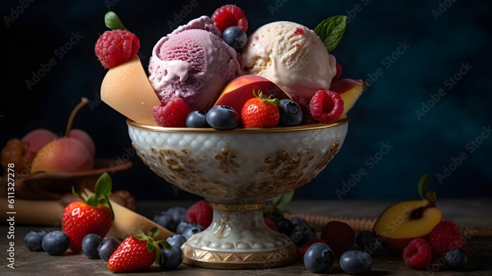 Cup of ice cream with fresh fruit. AI generated. Cup of ice cream with fresh fruit. AI generated.