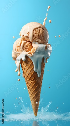 Ice cream cone in blue background.